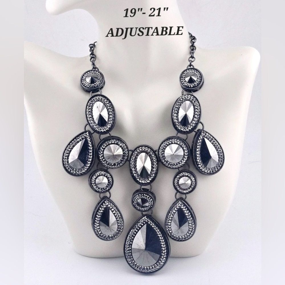 Dark Metal with Black Faceted Stones & Crystals Necklace